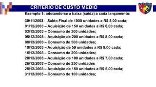 Exemplo 1: adotando-se a baixa (saída) a cada lançamento:
30/11/2003 – Saldo Final de 1000 unidades a R$ 5,00 cada;
01/12/2003 – Aquisição de 150 unidades a R$ 6,00 cada;
03/12/2003 – Consumo de 300 unidades;
05/12/2003 – Aquisição de 200 unidades a R$ 8,00 cada;
08/12/2003 – Consumo de 500 unidades;
10/12/2003 – Aquisição de 50 unidades a R$ 9,00 cada;
15/12/2003 – Consumo de 200 unidades;
20/12/2003 – Aquisição de 100 unidades a R$ 7,00 cada;
26/12/2003 – Consumo de 250 unidades
28/12/2003 – Aquisição de 150 unidades a R$ 5,00 cada;
31/12/2003 – Consumo de 100 unidades;
CRITÉRIO DE CUSTO MÉDIO
 