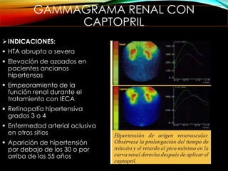 GAMMAGRAMA RENAL CON
CAPTOPRIL
INDICACIONES:
 HTA abrupta o severa
 Elevación de azoados en
pacientes ancianos
hipertensos
 Empeoramiento de la
función renal durante el
tratamiento con IECA
 Retinopatía hipertensiva
grados 3 o 4
 Enfermedad arterial oclusiva
en otros sitios
 Aparición de hipertensión
por debajo de los 30 o por
arriba de los 55 años
 