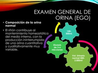 EXAMEN GENERAL DE
ORINA (EGO)
• Composición de la orina
normal
• El riñón contribuye al
mantenimiento homeostático
del medio interno, con la
producción ininterrumpida
de una orina cuantitativa
y cualitativamente muy
variable.
Vol. Urinario
normal 500-
2.000ml
Diuresis
de 3-6
micciones
150-
300ml.
 