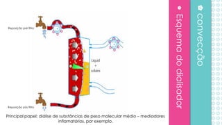 Esquemadodialisador
convecção
Principal papel: diálise de substâncias de peso molecular médio – mediadores
inflamatórios, por exemplo.
Reposição pré filtro
Reposição pós filtro
 