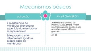 AN 69 GAMBROTMadsorção
Mecanismos básicos
É a aderência de
moléculas grandes na
superfície da membrana
semipermeável.
Este processo está
intimamente ligada à
propriedade da
membrana.
A membrana do filtro da
PRISMAFLEX (Gambro TM)tem
mostrado grande capacidade
adsortiva para moléculas
grandes.
AN 69
 