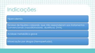 Hipercalemia.
Excesso de líquidos corporais, que não responderam aos tratamentos
convencionais (vasodilatadores, diuréticos, DVA).
Acidose metabólica grave
Intoxicação por drogas (hemoperfusão).
Indicações
 