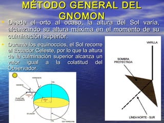 MÉTODO GENERAL DELMÉTODO GENERAL DEL
GNOMONGNOMON
• Durante los equinoccios, el Sol recorreDurante los equinoccios, el Sol recorre
el Ecuador Celeste, por lo que la alturael Ecuador Celeste, por lo que la altura
de la culminación superior alcanza unde la culminación superior alcanza un
valor igual a la colatitud delvalor igual a la colatitud del
Observador.Observador.
• Desde el orto al ocaso, la altura del Sol varía,Desde el orto al ocaso, la altura del Sol varía,
alcanzando su altura máxima en el momento de sualcanzando su altura máxima en el momento de su
culminación superior.culminación superior.
 