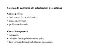 Causas do consumo de substâncias psicoativas
Causas pessoais
• baixo nível de escolaridade ;
• zonas onde vivem ;
• problemas de saúde.
Causas interpessoais
• Amizades
• relações inapropriadas com os pais ;
• Pais consumidores de substâncias psicoativas.
 