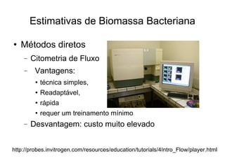Estimativas de Biomassa Bacteriana Métodos diretos Citometria de Fluxo Vantagens: técnica simples, Readaptável, rápida requer um treinamento mínimo Desvantagem: custo muito elevado http://probes.invitrogen.com/resources/education/tutorials/4Intro_Flow/player.html 