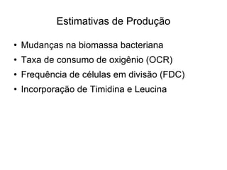 Estimativas de Produção Mudanças na biomassa bacteriana Taxa de consumo de oxigênio (OCR)‏ Frequência de células em divisão (FDC)‏ Incorporação de Timidina e Leucina 