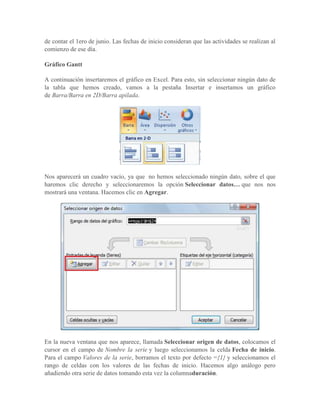 de contar el 1ero de junio. Las fechas de inicio consideran que las actividades se realizan al
comienzo de ese día.

Gráfico Gantt

A continuación insertaremos el gráfico en Excel. Para esto, sin seleccionar ningún dato de
la tabla que hemos creado, vamos a la pestaña Insertar e insertamos un gráfico
de Barra/Barra en 2D/Barra apilada.




Nos aparecerá un cuadro vacío, ya que no hemos seleccionado ningún dato, sobre el que
haremos clic derecho y seleccionaremos la opción Seleccionar datos… que nos nos
mostrará una ventana. Hacemos clic en Agregar.




En la nueva ventana que nos aparece, llamada Seleccionar origen de datos, colocamos el
cursor en el campo de Nombre la serie y luego seleccionamos la celda Fecha de inicio.
Para el campo Valores de la serie, borramos el texto por defecto ={1} y seleccionamos el
rango de celdas con los valores de las fechas de inicio. Hacemos algo análogo pero
añadiendo otra serie de datos tomando esta vez la columnaduración.
 