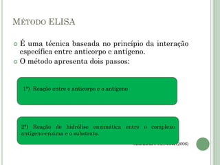 MÉTODO ELISA
 É uma técnica baseada no princípio da interação
específica entre anticorpo e antígeno.
 O método apresenta dois passos:
AMARAL e JÚNIOR (2006)
1°) Reação entre o anticorpo e o antígeno
2°) Reação de hidrólise enzimática entre o complexo
antígeno-enzima e o substrato.
 