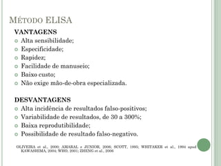 MÉTODO ELISA
VANTAGENS
 Alta sensibilidade;
 Especificidade;
 Rapidez;
 Facilidade de manuseio;
 Baixo custo;
 Não exige mão-de-obra especializada.
DESVANTAGENS
 Alta incidência de resultados falso-positivos;
 Variabilidade de resultados, de 30 a 300%;
 Baixa reprodutibilidade;
 Possibilidade de resultado falso-negativo.
OLIVEIRA et al., 2000; AMARAL e JUNIOR, 2006; SCOTT, 1995; WHITAKER et al., 1994 apud
KAWASHIMA, 2004; WHO, 2001; ZHENG et al., 2006
 