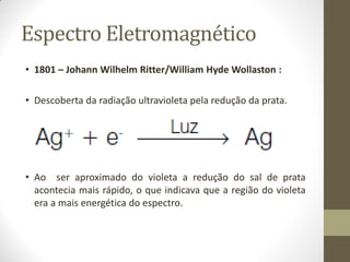 Espectro Eletromagnético
• 1801 – Johann Wilhelm Ritter/William Hyde Wollaston :
• Descoberta da radiação ultravioleta pela redução da prata.
• Ao ser aproximado do violeta a redução do sal de prata
acontecia mais rápido, o que indicava que a região do violeta
era a mais energética do espectro.
 