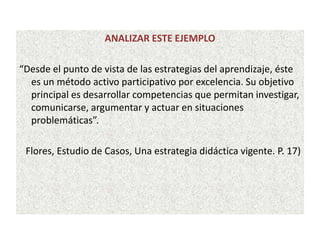 ANALIZAR ESTE EJEMPLO
“Desde el punto de vista de las estrategias del aprendizaje, éste
es un método activo participativo por excelencia. Su objetivo
principal es desarrollar competencias que permitan investigar,
comunicarse, argumentar y actuar en situaciones
problemáticas”.
Flores, Estudio de Casos, Una estrategia didáctica vigente. P. 17)
 