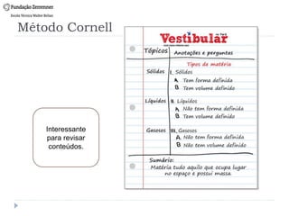 Método Cornell
Interessante
para revisar
conteúdos.
 
