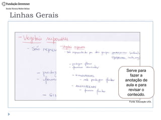 Linhas Gerais
Fonte: Educação UOL
Serve para
fazer a
anotação de
aula e para
revisar o
conteúdo.
 