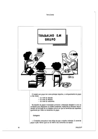 18
Tema Central
TRf..BA LHO EM
GRUPO
O trabalho em grupo tem como principal objectivo, o enriquecimento do grupo
a três níveis:
- ao nível da decisão
- ao nível da eficácia
- ao nível da autonomia
No trabalho de grupo é necessário promover a interacção desejável e criar as
condições para ultrapassar os conflitos existentes, implicando os diversos interve-
nientes na contrução de um trabalho comum em que os benefícios são repartidos
igualmente por todos os elementos do grupo.
Vantagens:
- Otrabalho produzido é mais eficaz do que o trabalho individual. O score de
grupo é pelo menos igual ao do melhor dos elementos da equipa.
[}@[MJ8Lfl
1
 