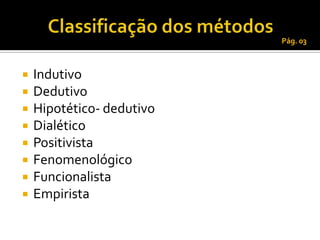 Pág. 03



   Indutivo
   Dedutivo
   Hipotético- dedutivo
   Dialético
   Positivista
   Fenomenológico
   Funcionalista
   Empirista
 