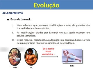 3) Lamarckismo
▪ Erros de Lamarck
I. Hoje sabemos que somente modificações a nível de gametas são
transmitidas aos descendentes.
II. As modificações citadas por Lamarck em sua teoria ocorrem em
células somáticas.
III. Dessa maneira, características adquiridas ou perdidas durante a vida
de um organismo não são transmitidas à descendência.
Evolução
Mãe Pai
Filho
Se a teoria
fosse
verdadeira...
 