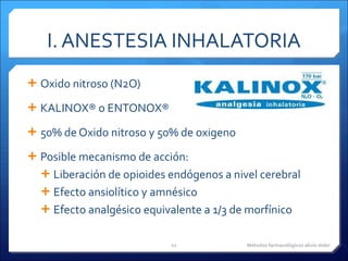 I. ANESTESIA INHALATORIA Oxido nitroso (N2O) KALINOX® o ENTONOX® 50% de Oxido nitroso y 50% de oxigeno Posible mecanismo de acción: Liberación de opioides endógenos a nivel cerebral Efecto ansiolítico y amnésico Efecto analgésico equivalente a 1/3 de morfínico Métodos farmacológicos alivio dolor 
