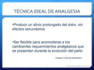 TÉCNICA IDEAL DE ANALGESIA Métodos farmacológicos alivio dolor Producir un alivio prolongado del dolor, sin efectos secundarios Ser flexible  para acomodarse a los cambiantes requerimientos analgésicos que se presentan durante la evolución del parto D’Angelo R: Cl Obst Gyn 2003;46:623-31 