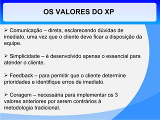 OS VALORES DO XP Comunicação – direta, esclarecendo dúvidas de imediato, uma vez que o cliente deve ficar a disposição da equipe. Simplicidade – é desenvolvido apenas o essencial para atender o cliente. Feedback – para permitir que o cliente determine prioridades e identifique erros de imediato. Coragem – necessária para implementar os 3  valores anteriores por serem contrários à  metodologia tradicional. 