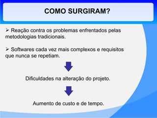 COMO SURGIRAM? Reação contra os problemas enfrentados pelas metodologias tradicionais. Softwares cada vez mais complexos e requisitos que nunca se repetiam. Dificuldades na alteração do projeto. Aumento de custo e de tempo. 