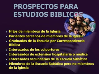 PROSPECTOS PARA
ESTUDIOS BIBLICOS
 Hijos de miembros de la iglesia
 Parientes cercanos de miembros de la iglesia
 Graduados de la Escuela por Correspondencia
Bíblica
 Interesados de los colportores
 Interesados de extensión hospitalaria o médica
 Interesados secundarios de la Escuela Sabática
 Miembros de la Escuela Sabática pero no miembros
de la iglesia
 