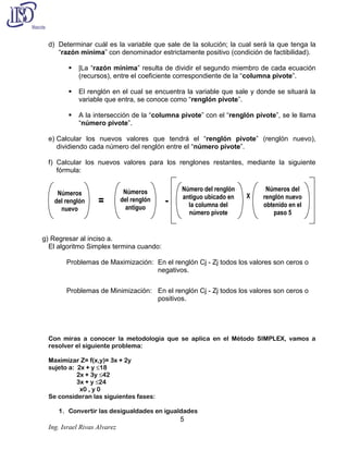 d) Determinar cuál es la variable que sale de la solución; la cual será la que tenga la
“razón mínima” con denominador estrictamente positivo (condición de factibilidad).


|La “razón mínima” resulta de dividir el segundo miembro de cada ecuación
(recursos), entre el coeficiente correspondiente de la “columna pivote”.



El renglón en el cual se encuentra la variable que sale y donde se situará la
variable que entra, se conoce como “renglón pivote”.



A la intersección de la “columna pivote” con el “renglón pivote”, se le llama
“número pivote”.

e) Calcular los nuevos valores que tendrá el “renglón pivote” (renglón nuevo),
dividiendo cada número del renglón entre el “número pivote”.
f) Calcular los nuevos valores para los renglones restantes, mediante la siguiente
fórmula:
Números
del renglón
nuevo

=

Números
del renglón
antiguo

-

Número del renglón
antiguo ubicado en
la columna del
número pivote

X

Números del
renglón nuevo
obtenido en el
paso 5

g) Regresar al inciso a.
El algoritmo Simplex termina cuando:
Problemas de Maximización: En el renglón Cj - Zj todos los valores son ceros o
negativos.
Problemas de Minimización: En el renglón Cj - Zj todos los valores son ceros o
positivos.

Con miras a conocer la metodología que se aplica en el Método SIMPLEX, vamos a
resolver el siguiente problema:
Maximizar Z= f(x,y)= 3x + 2y
sujeto a: 2x + y ≤18
2x + 3y ≤42
3x + y ≤24
x0 , y 0
Se consideran las siguientes fases:
1. Convertir las desigualdades en igualdades

5
Ing. Israel Rivas Alvarez

 