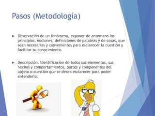 Pasos (Metodología)
 Observación de un fenómeno, exponer de antemano los
principios, nociones, definiciones de palabras y de cosas, que
sean necesarias y convenientes para esclarecer la cuestión y
facilitar su conocimiento.
 Descripción. Identificación de todos sus elementos, sus
hechos y comportamientos, partes y componentes del
objeto o cuestión que se desea esclarecer para poder
entenderlo.
 