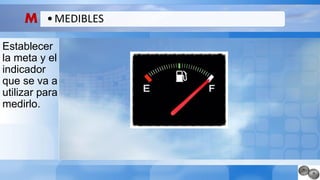 M
Establecer
la meta y el
indicador
que se va a
utilizar para
medirlo.
•MEDIBLES