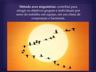 Método aves migratórias: contribui para
atingir os objetivos grupais e individuais por
meio do trabalho em equipe, em um clima de
cooperação e harmonia.
 