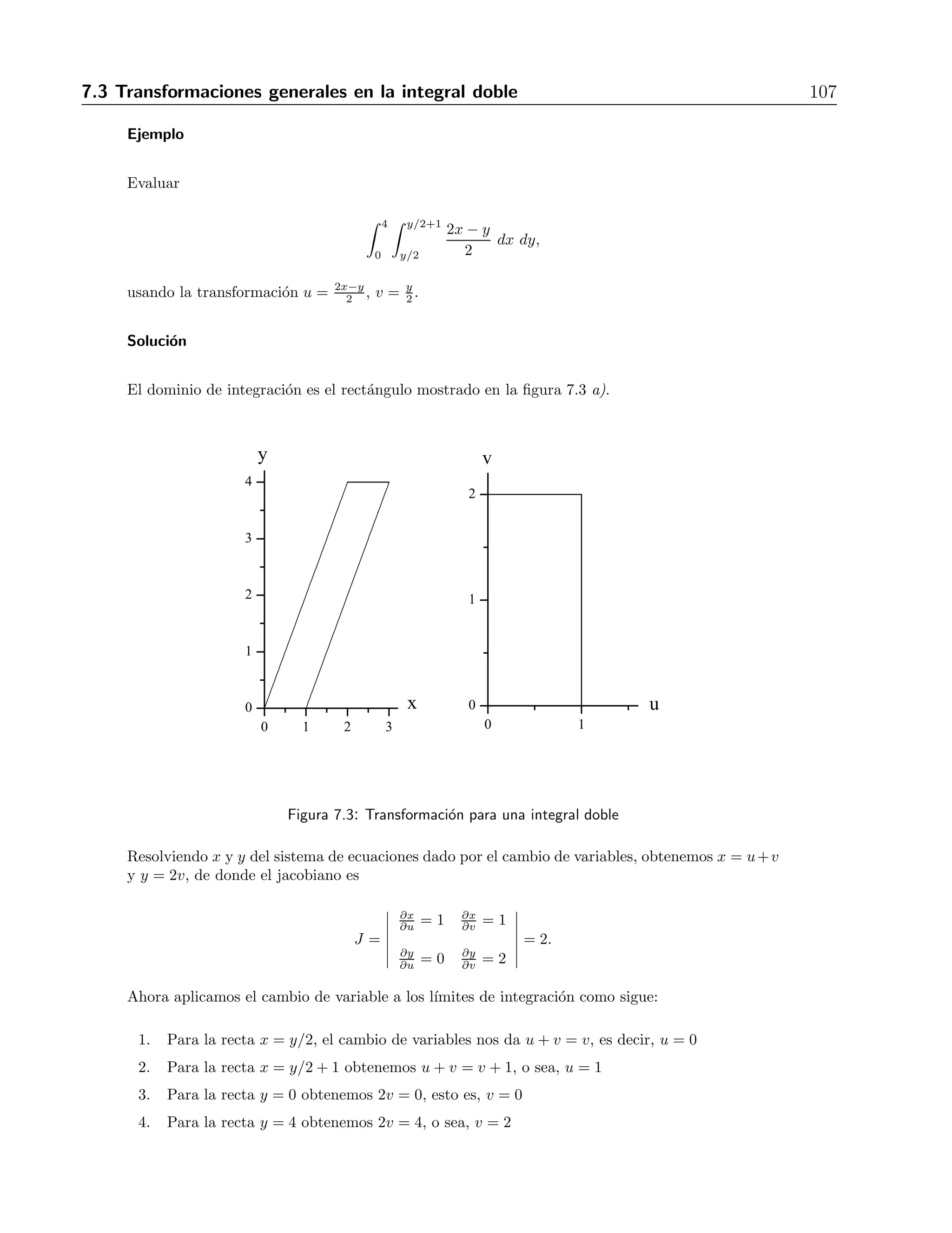 106 7 Integrales m´ultiples 
5. 
 a 
−a 
 √ 
a2−x2 
− 
√ 
a2−x2 dy dx R: πa2 
6. 
 2 
0 
√ 
4−y2 
(x2 + y2) dx dy R: π 
0 2 
7. 
 6 
0 
 y 
0 x dxdy R: 36 
8. 
 2 
0 
 x 
y dydx R: 4 
0 3 
9. 
 0 
−1 
 0 
− 
√ 
1−x2 
2 
1+ 
√ 
x2+y2 dy dx R: (1 − ln 2)π 
10. 
 1 
−1 
 0 
− 
√ 
1−y2 
√ 
4 
x2+y2 
1+x2+y2 dx dy R: 4π − π2 
11. 
 ln 2 
0 
√ 
(ln 2)2−y2 
0 e 
√ 
x2+y2 dx dy R: (2 ln 2 − 1)π 
2 
12. 
 1 
0 
 √ 
1−x2 
0 e−(x2+y2) dy dx R: π 
4 (1 − 1/e) 
13. 
 2 
0 
√ 
1−(x−1)2 
0 
x−y 
x2+y2 dy dx R: π 
2 + 1 
14. 
 2 
0 
 
− 
√ 
1−(y−xy2 dx dy R: 2 
1)2 3 
15. 
 1 
−1 
√ 
1−y2 
− 
√ 
1−y2 ln(x2 + y2 + 1) dx dy R: π(ln 4 − 1) 
16. 
 1 
−1 
 √ 
1−x2 
− 
√ 
1−x2 
2 
(1+x2+y2)2 dy dx R: π 
17. Evaluar 
 
S(x + y) dA, donde S es la regi´on situada en el primer cuadrante, en el interior del disco 
definido por x2 + y2 ≤ a2 y bajo la recta y = 
√ 
3x. R: 1.366a2 
18. Calcular 
 
S x dA, donde S designa el sector circular definido por x2 + y2 ≤ 2, x ≥ 1. R: 2/3 
19. Calcular 
 
T (x2+y2) dA, donde T es la regi´on delimitada por el tri´angulo de v´ertices (0,0), (1,0) y (1,1). 
R: 1/3 
20. Calcular 
 
x2+y2≤1 ln(x2 + y2) dA R: diverge 
7.3. Transformaciones generales en la integral doble 
Para algunos dominios de integraci´on el cambio a coordenadas polares no funciona, pero 
puede haber otros cambios de variables que simplifiquen la integraci´on. En tales casos, adem´as 
de cambiar a las nuevas variables, tambi´en se tiene que cambiar el elemento diferencial. 
El nuevo elemento ser´a J du dv, siendo u y v las nuevas variables y J el jacobiano de la 
transformaci´on, definido como 
J = 
 
∂x 
∂u 
∂x 
∂v 
∂y 
∂u 
∂y 
∂v 
 
. (7.3) 
con lo que la integral queda como 
 
A 
f(x, y) dx dy = 
 
A 
f(u, v) J du dv. (7.4) 
 