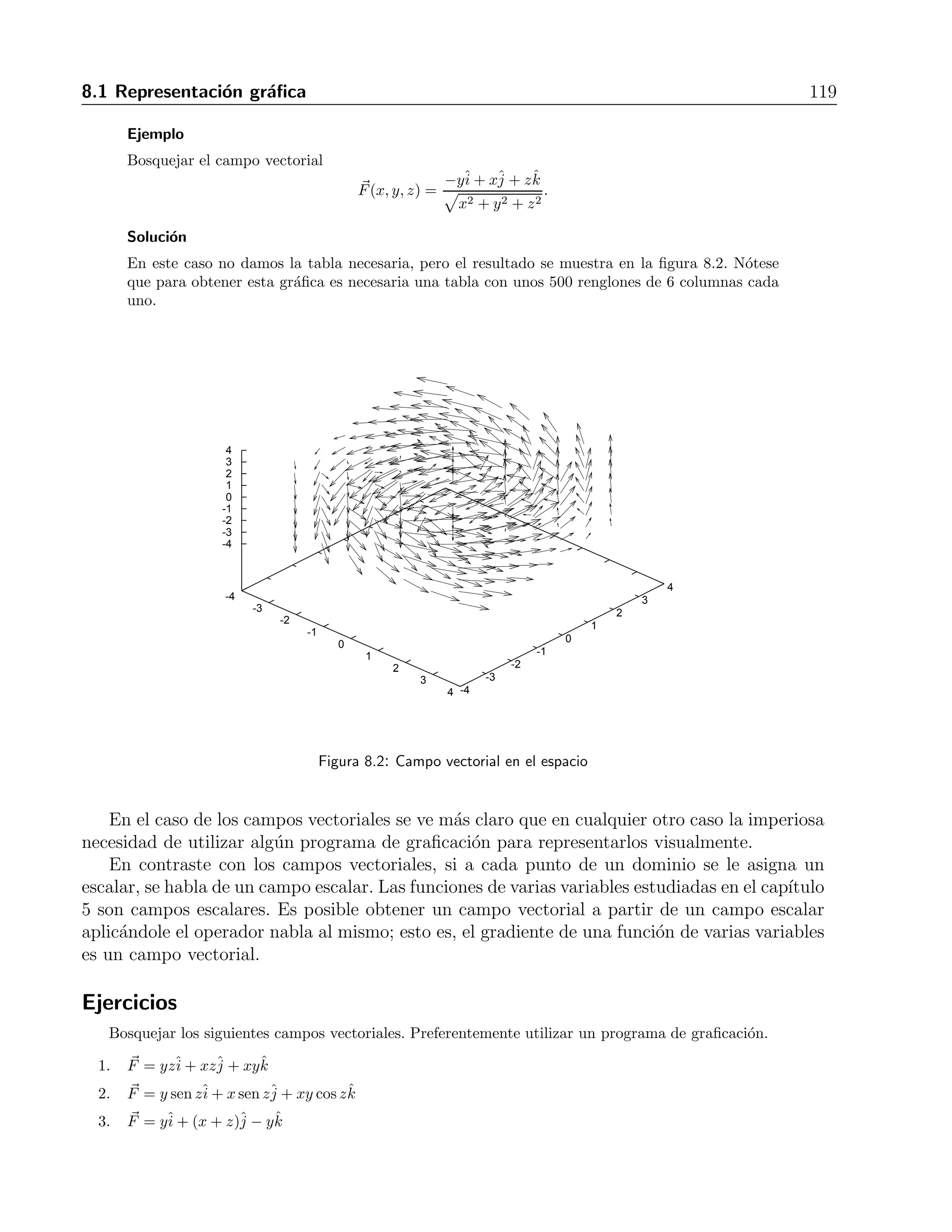 118 8 Campos vectoriales 
x y Fx Fy 
-2 -2 -0.7071 -0.7071 
-2 -1 -0.8944 -0.4472 
-2 0 -1 0 
-2 1 -0.8944 0.4472 
-2 2 -0.7071 0.7071 
-1 -2 -0.4472 -0.8944 
-1 -1 -0.7071 -0.7071 
-1 0 -1 0 
-1 1 -0.7071 0.7071 
-1 2 -0.4472 0.8944 
0 -2 0 -1 
0 -1 0 -1 
0 0 
0 1 0 1 
0 2 0 1 
1 -2 0.4472 -0.8944 
1 -1 0.7071 -0.7071 
1 0 1 0 
1 1 0.7071 0.7071 
1 2 0.4472 0.8944 
2 -2 0.7071 -0.7071 
2 -1 0.8944 -0.4472 
2 0 1 0 
2 1 0.8944 0.4472 
2 2 0.7071 0.7071 
Con la tabla anterior podemos dibujar el campo vectorial, ubicando primero los puntos de co-ordenadas 
(x, y) en el plano y, despu´es, colocando ah´ı los vectores cuyas componentes (Fx, Fy) 
calculamos en la misma tabla. El resultado de esto se muestra en la figura 8.1. 
4 
3 
2 
1 
0 
-1 
-2 
-3 
-4 
-4 -3 -2 -1 0 1 2 3 4 
Figura 8.1: Campo vectorial en el plano 
 