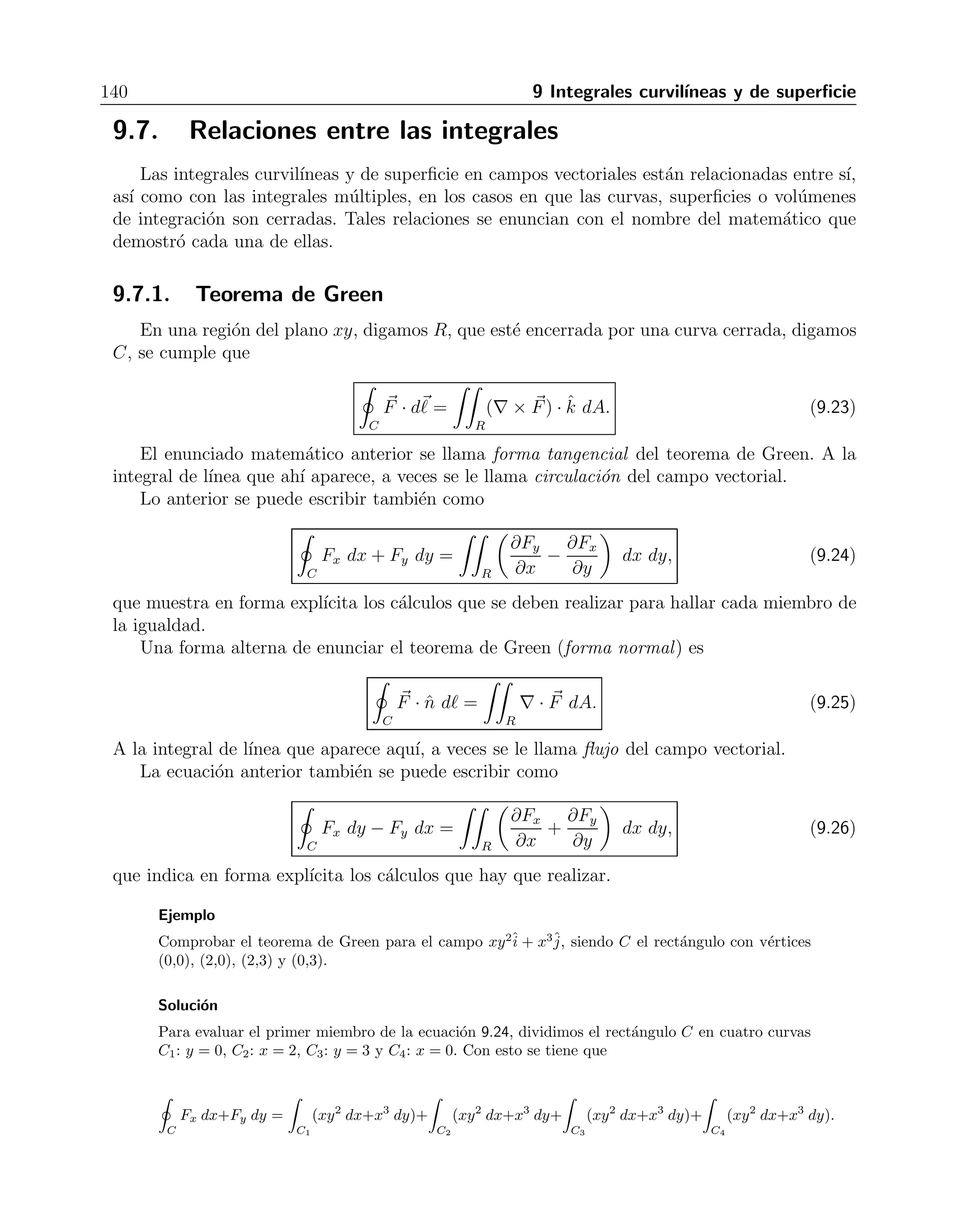 dA. (9.16) 
Si para alguna superficie su sombra se proyecta mejor sobre alg´un otro plano de coorde-nadas, 
en lugar de ˆk se tomar´a el vector unitario perpendicular a dicho plano. 
Otra forma de calcular la integral de superficie consiste en expresar la superficie g(x, y, z) = 
cte en forma param´etrica, con lo cual la integral se calcula por medio de 
 
S 
f(x, y, z) dσ = 
 
D 
f[x(u, v), y(u, v), z(u, v)] 
 
∂r 
∂u 
× ∂r 
∂v 
 
du dv. (9.17) 
En particular, el ´area de una superficie se calcula usando f(u, v) = 1, esto es 
A(S) = 
 
S 
 
∂r 
∂u 
× ∂r 
∂v 
 
du dv. (9.18) 
Si adicionalmente se tiene que z = h(x, y), la integral se calcula por medio de 
 
S 
f(x, y, z) dS = 
 
D 
 
1 + 
f[x, y, h(x, y)] 
 
∂h 
∂x 
2 
+ 
 
∂h 
∂y 
2 
dx dy (9.19) 
Ejemplo 
Calcular la integral de superficie de la funci´on f(x, y, z) = xyz sobre la secci´on de la esfera de 
radio unitario que queda en el primer octante. 
 