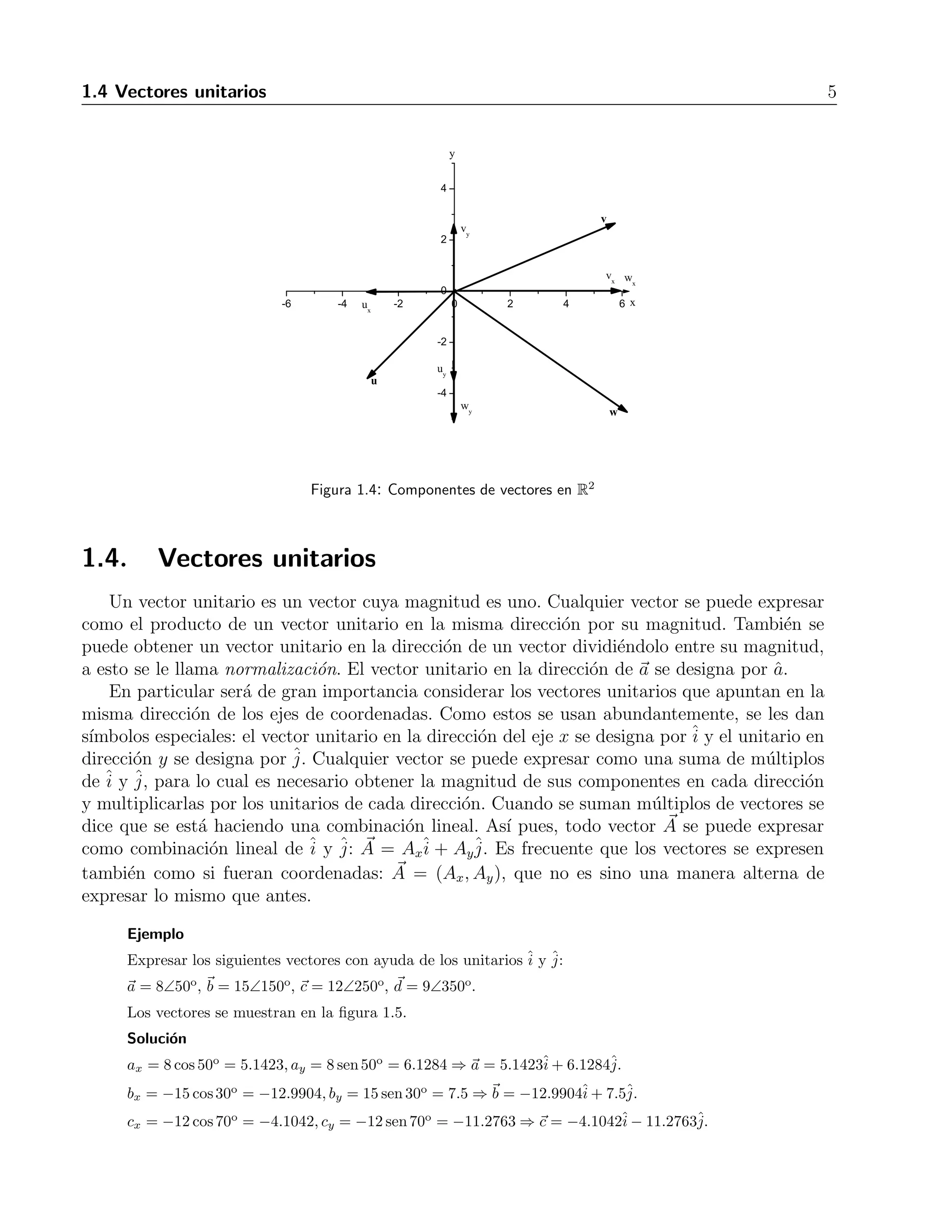 1.4 Vectores unitarios 5 
Figura 1.4: Componentes de vectores en R2 
1.4. Vectores unitarios 
Un vector unitario es un vector cuya magnitud es uno. Cualquier vector se puede expresar 
como el producto de un vector unitario en la misma direcci´on por su magnitud. Tambi´en se 
puede obtener un vector unitario en la direcci´on de un vector dividi´endolo entre su magnitud, 
a esto se le llama normalizaci´on. El vector unitario en la direcci´on de a se designa por ˆa. 
En particular ser´a de gran importancia considerar los vectores unitarios que apuntan en la 
j 
ˆi 
ˆA 
j 
ˆi 
ˆA 
misma direcci´on de los ejes de coordenadas. Como estos se usan abundantemente, se les dan 
s´ımbolos especiales: el vector unitario en la direccion ´del eje x se designa pory el unitario en 
direcci´on y se designa por . Cualquier vector se puede expresar como una suma de multiplos 
´de y , para lo cual es necesario obtener la magnitud de sus componentes en cada direccion 
´y multiplicarlas por los unitarios de cada direccion. ´Cuando se suman multiplos ´de vectores se 
dice que se est´a haciendo una combinacion ´lineal. As´ı pues, todo vector se puede expresar 
como combinacion ´lineal de y : = j 
ˆi 
ˆAx+ Ay. Es frecuente que los vectores se expresen 
j 
ˆi 
ˆtambi´en como si fueran coordenadas: A 
= (Ax, Ay), que no es sino una manera alterna de 
expresar lo mismo que antes. 
Ejemplo 
Expresar los siguientes vectores con ayuda de los unitariosˆi 
y ˆj 
: 
a = 8∠50o, b = 15∠150o, c = 12∠250o, d = 9∠350o. 
Los vectores se muestran en la figura 1.5. 
Soluci´on 
ax = 8cos50o = 5.1423, ay = 8sen50o = 6.1284 ⇒a = 5.1423ˆi 
+ 6.1284ˆj. 
bx = −15 cos 30o = −12.9904, by = 15sen30o = 7.5 ⇒b = −12.9904ˆi 
+ 7.5ˆj. 
cx = −12 cos 70o = −4.1042, cy = −12 sen 70o = −11.2763⇒c = −4.1042ˆi 
− 11.2763ˆj. 
 