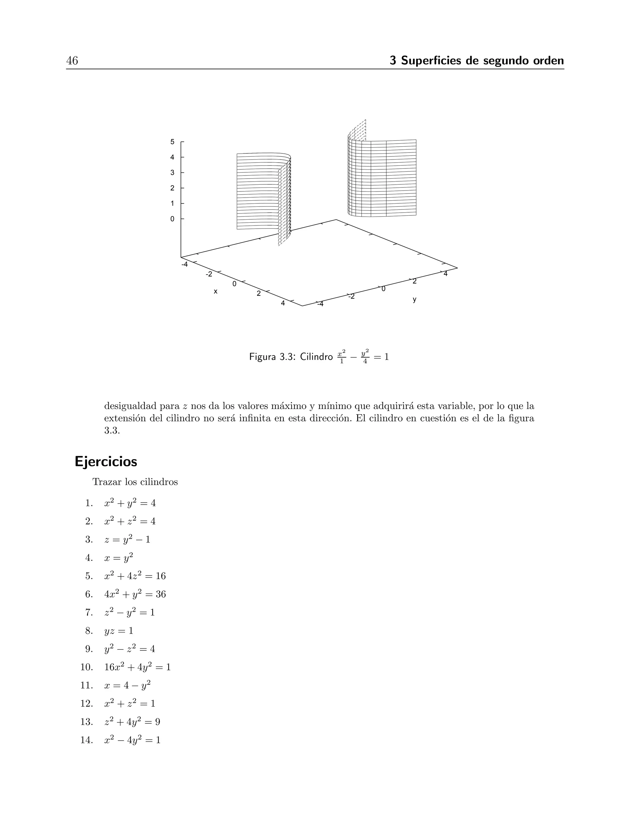 46 3 Superficies de segundo orden 
-4 
-2 
0 
2 
4 
x 
-4 
-2 
0 
2 
4 
y 
5 
4 
3 
2 
1 
0 
Figura 3.3: Cilindro x2 
1 
− y2 
4 = 1 
desigualdad para z nos da los valores m´aximo y m´ınimo que adquirir´a esta variable, por lo que la 
extensi´on del cilindro no ser´a infinita en esta direcci´on. El cilindro en cuesti´on es el de la figura 
3.3. 
Ejercicios 
Trazar los cilindros 
1. x2 + y2 = 4 
2. x2 + z2 = 4 
3. z = y2 − 1 
4. x = y2 
5. x2 + 4z2 = 16 
6. 4x2 + y2 = 36 
7. z2 − y2 = 1 
8. yz = 1 
9. y2 − z2 = 4 
10. 16x2 + 4y2 = 1 
11. x = 4− y2 
12. x2 + z2 = 1 
13. z2 + 4y2 = 9 
14. x2 − 4y2 = 1 
 