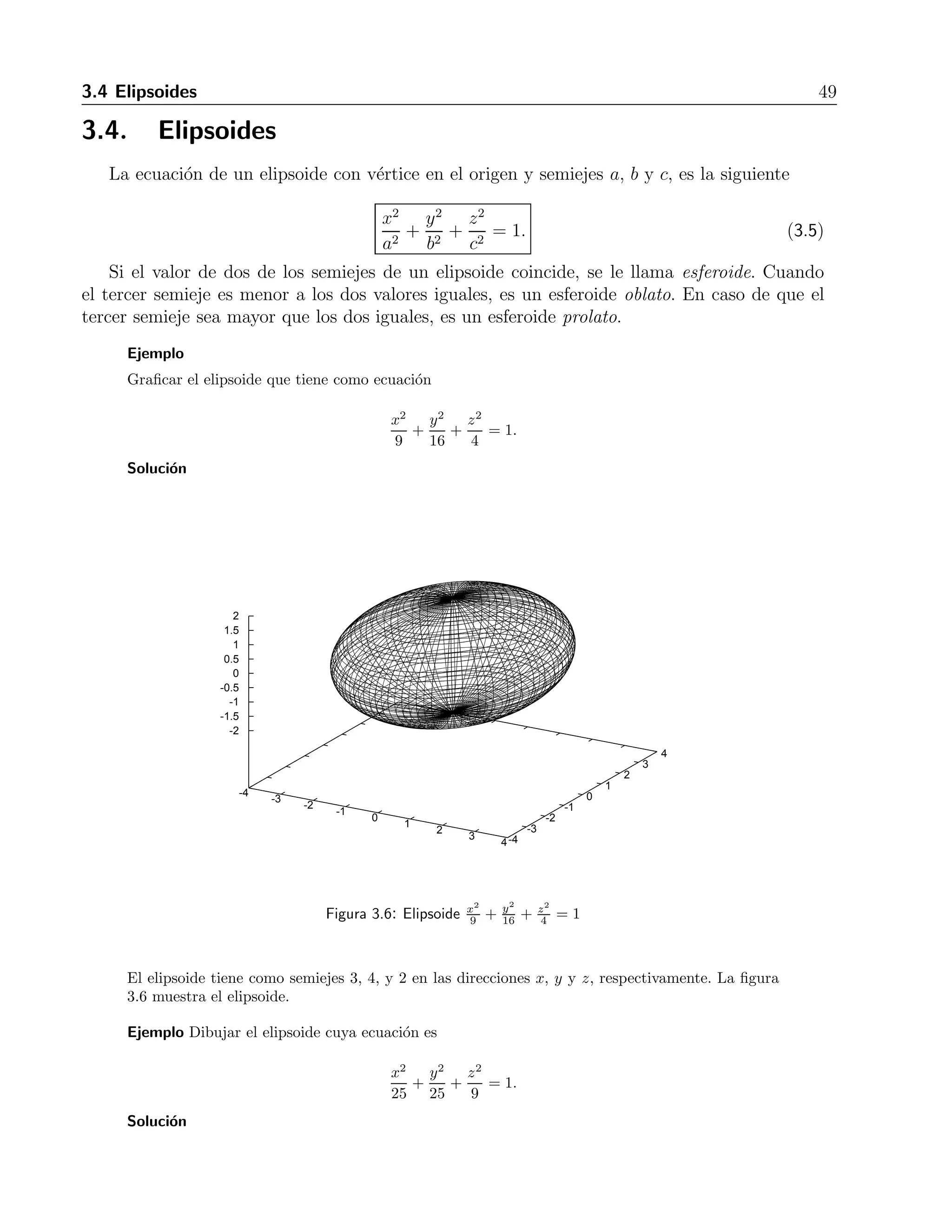 3.4 Elipsoides 49 
3.4. Elipsoides 
La ecuaci´on de un elipsoide con v´ertice en el origen y semiejes a, b y c, es la siguiente 
x2 
a2 + 
y2 
b2 + 
z2 
c2 = 1. (3.5) 
Si el valor de dos de los semiejes de un elipsoide coincide, se le llama esferoide. Cuando 
el tercer semieje es menor a los dos valores iguales, es un esferoide oblato. En caso de que el 
tercer semieje sea mayor que los dos iguales, es un esferoide prolato. 
Ejemplo 
Graficar el elipsoide que tiene como ecuaci´on 
x2 
9 
+ 
y2 
16 
+ 
z2 
4 
= 1. 
Soluci´on 
-4 -3 -2 -1 0 1 2 3 4-4 
-3 
-2 
-1 
0 
1 
2 
3 
4 
2 
1.5 
1 
0.5 
0 
-0.5 
-1 
-1.5 
-2 
9 + y2 
16 + z2 
4 = 1 
Figura 3.6: Elipsoide x2 
El elipsoide tiene como semiejes 3, 4, y 2 en las direcciones x, y y z, respectivamente. La figura 
3.6 muestra el elipsoide. 
Ejemplo Dibujar el elipsoide cuya ecuaci´on es 
x2 
25 
+ 
y2 
25 
+ 
z2 
9 
= 1. 
Soluci´on 
 