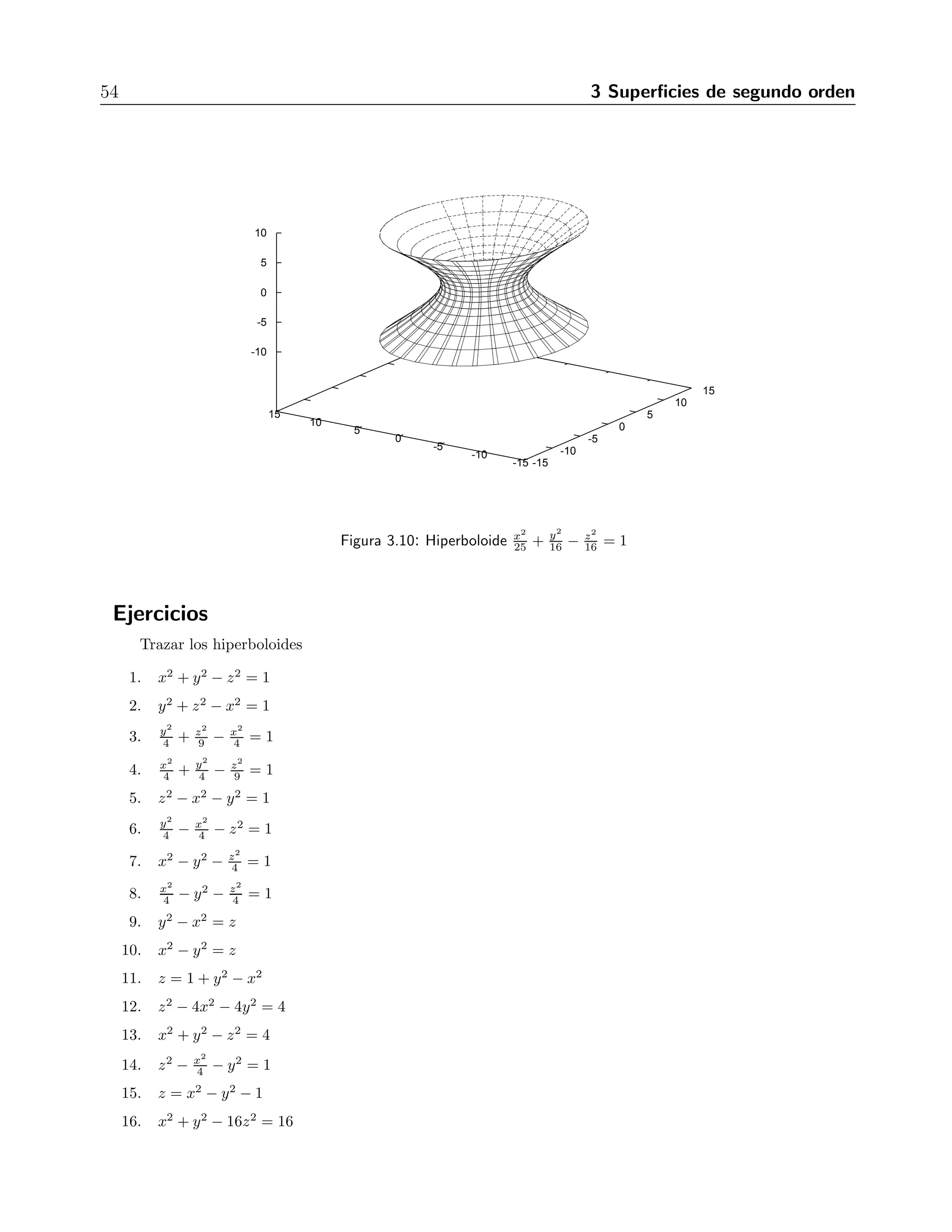 54 3 Superficies de segundo orden 
-15 
-10 
-5 
0 
5 
10 
15 
-15 
-10 
-5 
0 
5 
10 
15 
10 
5 
0 
-5 
-10 
25 + y2 
16 
Figura 3.10: Hiperboloide x2 
− z2 
16 = 1 
Ejercicios 
Trazar los hiperboloides 
1. x2 + y2 − z2 = 1 
2. y2 + z2 − x2 = 1 
3. y2 
4 + z2 
9 
− x2 
4 = 1 
4 + y2 
4 
4. x2 
− z2 
9 = 1 
5. z2 − x2 − y2 = 1 
6. y2 
4 
− x2 
4 
− z2 = 1 
7. x2 − y2 − z2 
4 = 1 
8. x2 
4 
− y2 − z2 
4 = 1 
9. y2 − x2 = z 
10. x2 − y2 = z 
11. z = 1+y2 − x2 
12. z2 − 4x2 − 4y2 = 4 
13. x2 + y2 − z2 = 4 
14. z2 − x2 
4 
− y2 = 1 
15. z = x2 − y2 − 1 
16. x2 + y2 − 16z2 = 16 
 