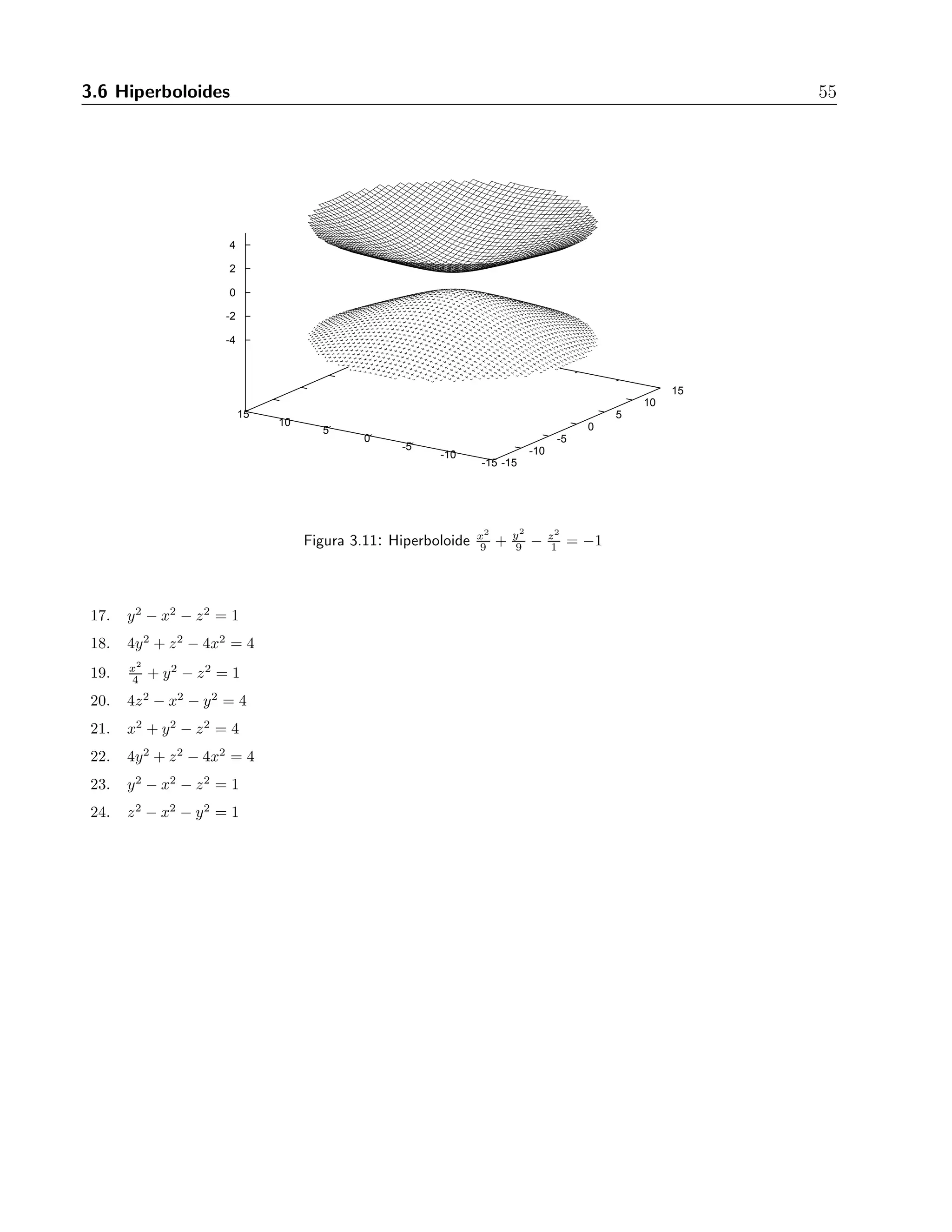 3.6 Hiperboloides 55 
-15 
-10 
-5 
0 
5 
10 
15 
-15 
-10 
-5 
0 
5 
10 
15 
4 
2 
0 
-2 
-4 
9 + y2 
9 
Figura 3.11: Hiperboloide x2 
− z2 
1 = −1 
17. y2 − x2 − z2 = 1 
18. 4y2 + z2 − 4x2 = 4 
19. x2 
4 + y2 − z2 = 1 
20. 4z2 − x2 − y2 = 4 
21. x2 + y2 − z2 = 4 
22. 4y2 + z2 − 4x2 = 4 
23. y2 − x2 − z2 = 1 
24. z2 − x2 − y2 = 1 
 