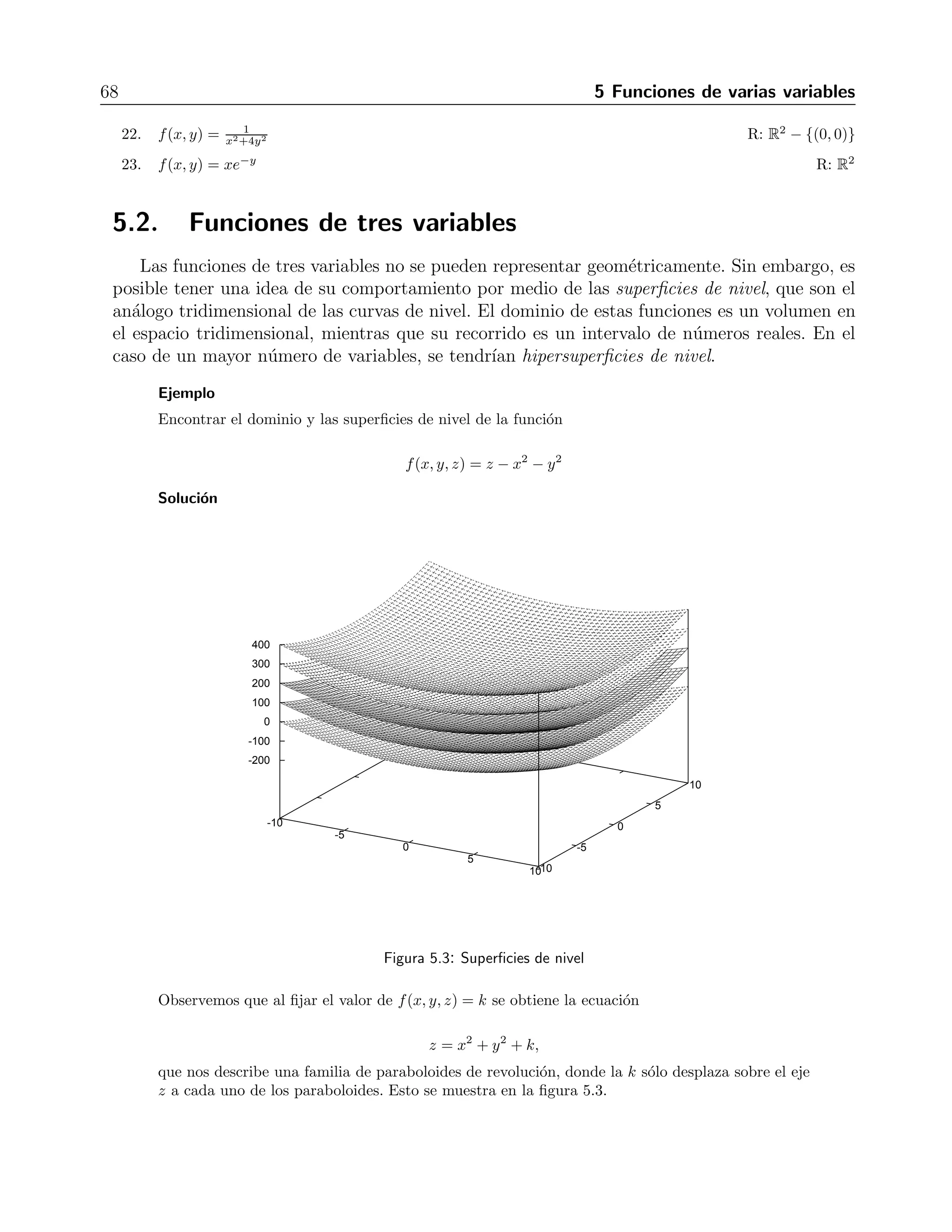 68 5 Funciones de varias variables 
x2+4y2 R: R2 − {(0, 0)} 
22. f(x, y) = 1 
23. f(x, y) = xe−y R: R2 
5.2. Funciones de tres variables 
Las funciones de tres variables no se pueden representar geom´etricamente. Sin embargo, es 
posible tener una idea de su comportamiento por medio de las superficies de nivel, que son el 
an´alogo tridimensional de las curvas de nivel. El dominio de estas funciones es un volumen en 
el espacio tridimensional, mientras que su recorrido es un intervalo de n´umeros reales. En el 
caso de un mayor n´umero de variables, se tendr´ıan hipersuperficies de nivel. 
Ejemplo 
Encontrar el dominio y las superficies de nivel de la funci´on 
f(x, y, z) = z − x2 − y2 
Soluci´on 
400 
300 
200 
100 
0 
-100 
-10 
-5 
0 
5 
10-10 
-5 
0 
5 
10 
-200 
Figura 5.3: Superficies de nivel 
Observemos que al fijar el valor de f(x, y, z) = k se obtiene la ecuaci´on 
z = x2 + y2 + k, 
que nos describe una familia de paraboloides de revoluci´on, donde la k s´olo desplaza sobre el eje 
z a cada uno de los paraboloides. Esto se muestra en la figura 5.3. 
 
