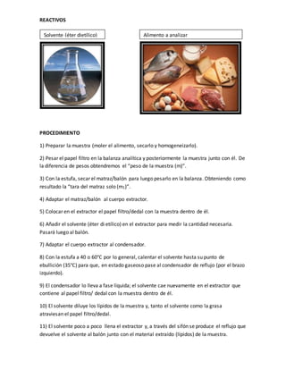 REACTIVOS
PROCEDIMIENTO
1) Preparar la muestra (moler el alimento, secarlo y homogeneizarlo).
2) Pesar el papel filtro en la balanza analítica y posteriormente la muestra junto con él. De
la diferencia de pesos obtendremos el “peso de la muestra (m)”.
3) Con la estufa, secar el matraz/balón para luego pesarlo en la balanza. Obteniendo como
resultado la “tara del matraz solo (m1)”.
4) Adaptar el matraz/balón al cuerpo extractor.
5) Colocar en el extractor el papel filtro/dedal con la muestra dentro de él.
6) Añadir el solvente (éter di etílico) en el extractor para medir la cantidad necesaria.
Pasará luego al balón.
7) Adaptar el cuerpo extractor al condensador.
8) Con la estufa a 40 o 60°C por lo general, calentar el solvente hasta su punto de
ebullición (35°C) para que, en estado gaseoso pase al condensador de reflujo (por el brazo
izquierdo).
9) El condensador lo lleva a fase líquida; el solvente cae nuevamente en el extractor que
contiene al papel filtro/ dedal con la muestra dentro de él.
10) El solvente diluye los lípidos de la muestra y, tanto el solvente como la grasa
atraviesan el papel filtro/dedal.
11) El solvente poco a poco llena el extractor y, a través del sifón se produce el reflujo que
devuelve el solvente al balón junto con el material extraído (lípidos) de la muestra.
Solvente (éter dietílico) Alimento a analizar
 