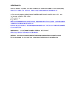 FUENTE EN LÍNEA:
Institutode saludpúblicade Chile.Procedimientoparadeterminarmateriagrasa.Disponibleen:
http://www.ispch.cl/lab_amb/met_analitico/doc/ambiente%20pdf/GrasSoxhlet.pdf
OCAMPO,Rogelio.Cursoprácticode químicaorgánica,enfocadoa biologíayalimentos,[S.L]:
Universidadde Caldas,2008. 181pp.
ISBN:9588319188
Disponible en:
http://books.google.com.pe/books?id=qmFQ3LwymmMC&pg=PA61&dq=m%C3%A9todo+soxhlet
+para+alimentos&hl=es&sa=X&ei=2d27T-
ejBIOu8QSA9bXLCg&ved=0CDAQ6AEwAA#v=onepage&q=m%C3%A9todo%20soxhlet%20para%20
alimentos&f=false
PearsonProject:Análisisde aceituna MétodoSoxhlet. Disponible en:
http://www.youtube.com/watch?v=fCK1awi0A7s
Imágenes:forocoches.com,mmhomeopatica.blogspot.com, bajardepesoconejercicio.com,
docencia.udea.edu.co,gtsistemas.com,espacioseguro.com,buymarijuanaseeds.com
 