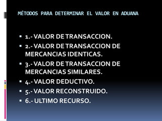 MÉTODOS PARA DETERMINAR EL VALOR EN ADUANA



 1.- VALOR DE TRANSACCION.
 2.- VALOR DE TRANSACCION DE
    MERCANCIAS IDENTICAS.
   3.- VALOR DE TRANSACCION DE
    MERCANCIAS SIMILARES.
   4.- VALOR DEDUCTIVO.
   5.- VALOR RECONSTRUIDO.
   6.- ULTIMO RECURSO.
 