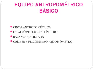 EQUIPO ANTROPOMÉTRICO
BÁSICO
CINTA ANTROPOMÉTRICA
ESTADIÓMETRO/ TALLÍMETRO
BALANZA CALIBRADA
CALIPER / PLICÓMETRO /ADOIPÓMETRO
 