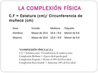 LA COMPLEXIÓN FÍSICA
Sexo Grande Mediana Pequeña
Hombres Mayor de 10.4 10.4 – 9.6 Menor de 9.6
Mujeres Mayor de 10.9 10.9 – 9.9 Menor de 9.9
C.F = Estatura (cm)/ Circunferencia de
muñeca (cm)
•COMPLEXIÓN FÍSICA (C.F.)
C.F = Estatura (cm)/ Circunferencia de muñeca (cm)
Complexión Mediana = el peso ideal queda igual
Complexión Pequeña = Restar el 10% del Peso ideal
Complexión física Grande = Aumentar 10% al Peso ideal
 