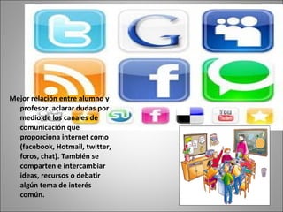Mejor relación entre alumno y profesor. aclarar dudas por medio de los canales de comunicación que proporciona internet como (facebook, Hotmail, twitter, foros, chat). También se comparten e intercambiar ideas, recursos o debatir algún tema de interés común. 