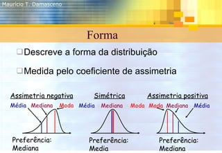 Forma <ul><li>Descreve a forma da distribuição </li></ul><ul><li>Medida pelo coeficiente de assimetria </li></ul>Assimetri...