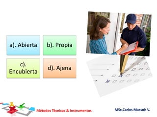 Métodos Técnicas & Instrumentos MSc.Carlos Massuh V.
a). Abierta b). Propia
c).
Encubierta
d). Ajena
 