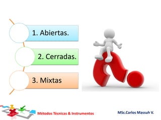 Métodos Técnicas & Instrumentos MSc.Carlos Massuh V.
1. Abiertas.
2. Cerradas.
3. Mixtas
 