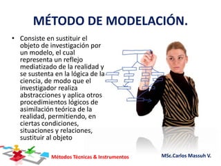 Métodos Técnicas & Instrumentos MSc.Carlos Massuh V.
MÉTODO DE MODELACIÓN.
• Consiste en sustituir el
objeto de investigación por
un modelo, el cual
representa un reflejo
mediatizado de la realidad y
se sustenta en la lógica de la
ciencia, de modo que el
investigador realiza
abstracciones y aplica otros
procedimientos lógicos de
asimilación teórica de la
realidad, permitiendo, en
ciertas condiciones,
situaciones y relaciones,
sustituir al objeto
 