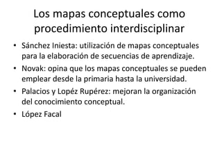 Los mapas conceptuales como procedimiento interdisciplinarSánchez Iniesta: utilización de mapas conceptuales para la elaboración de secuencias de aprendizaje.Novak: opina que los mapas conceptuales se pueden emplear desde la primaria hasta la universidad. Palacios y Lopéz Rupérez: mejoran la organización del conocimiento conceptual.   López Facal