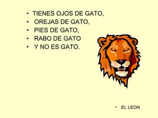 TIENES OJOS DE GATO, OREJAS DE GATO, PIES DE GATO, RABO DE GATO Y NO ES GATO. EL LEON 